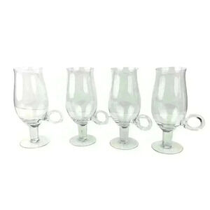 VTG Set of 4 Hand Blown Goblet Style Pedestal Cups Handle Clear Glass 7.5" Tall